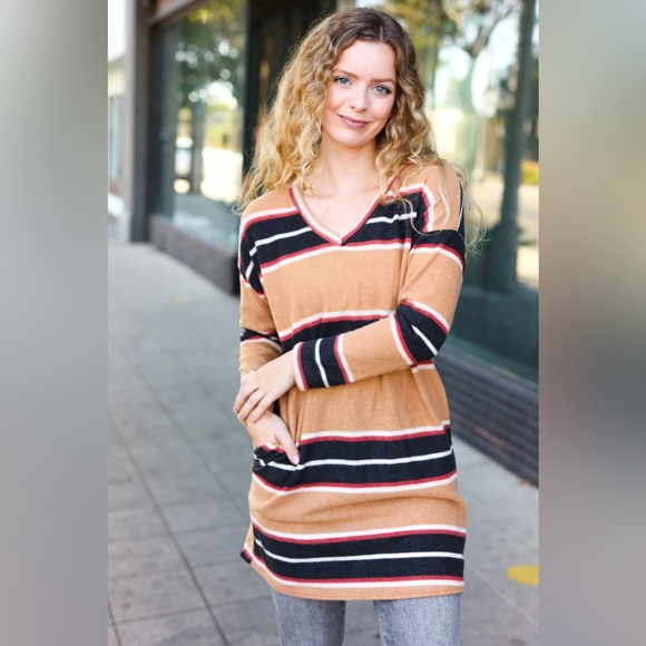 Casual Chic Taupe Hacci Stripe Pocketed Tunic/Dress - Picture 1 of 6